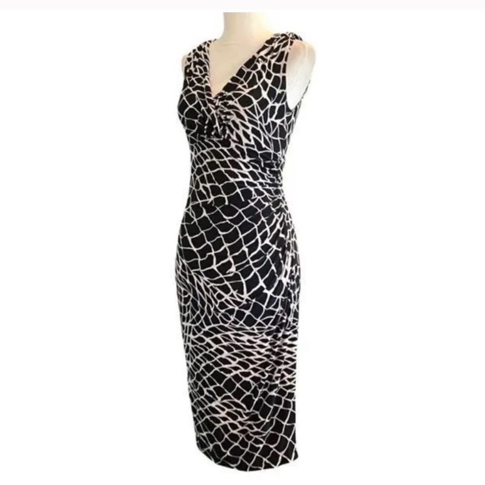 Lauren Ralph Lauren Black/White Abstract Print Faux Wrap sleeveless Midi Dress